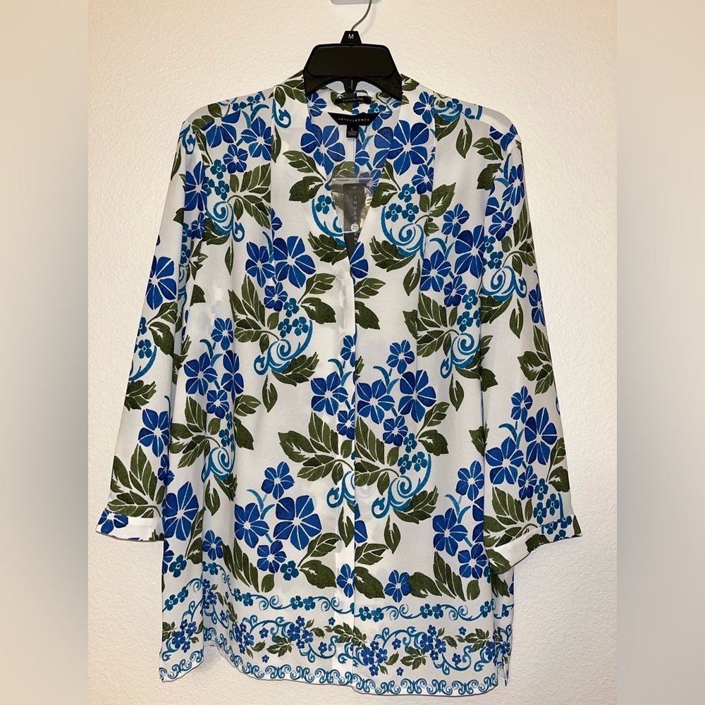 Investments White Button-Down Shirt with Blue Floral and Green Leaf Print